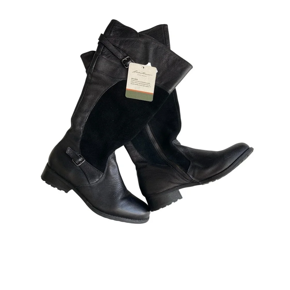 Black Leather Knee High Riding Boots Size 8.5 Buckle Equestrian Capsule Wardrobe